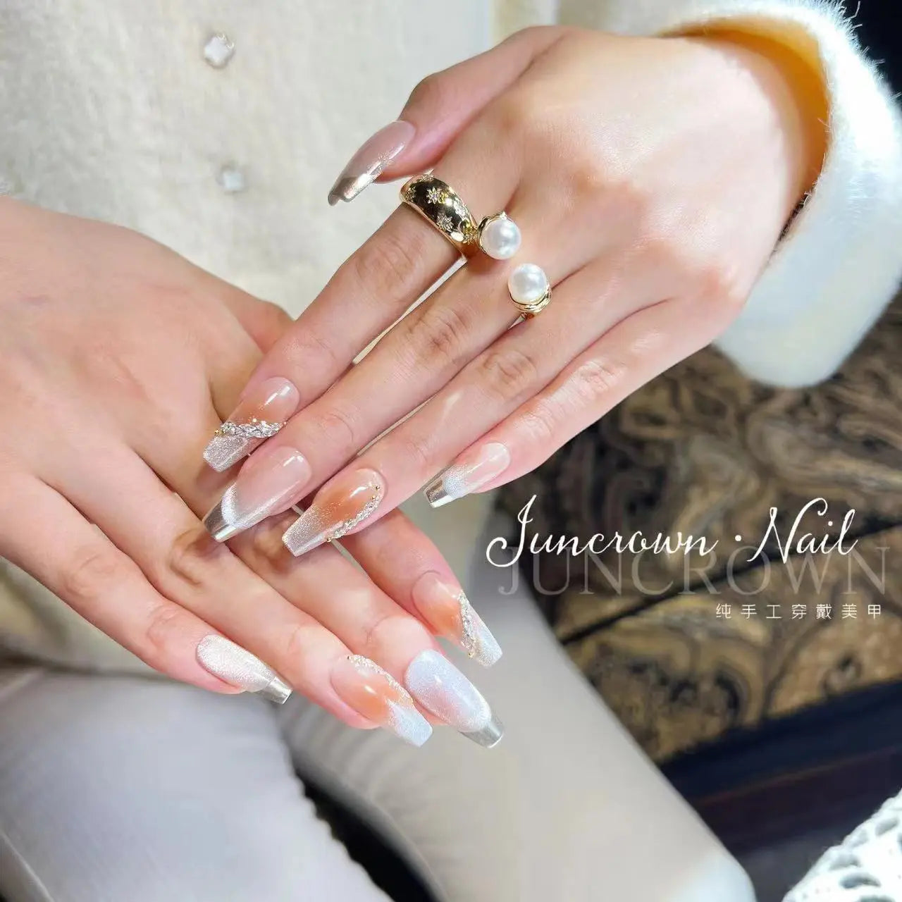 【Autumn luxury】hand made;  Gentle galaxy；French style; Press-on nails;