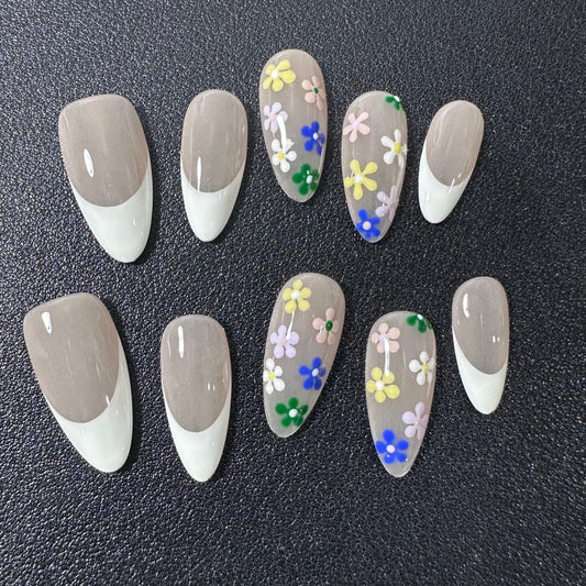 【H9378】hand made;  Press-on nails;Casual;Painted;French
