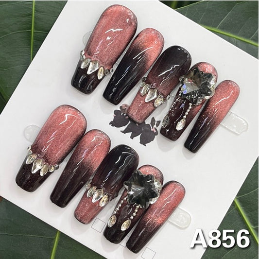 【Black&Pink】hand made;  Press-on nails; Diamond