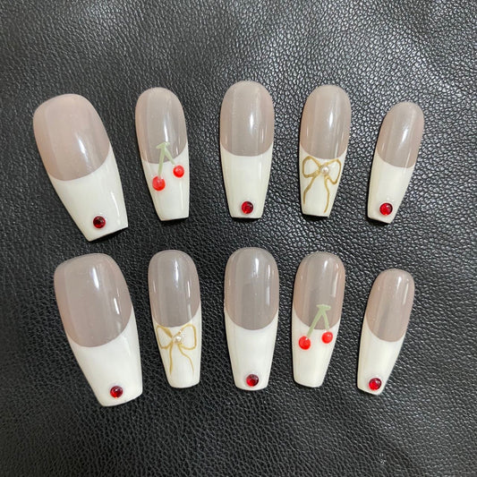 【H9385】hand made;  Press-on nails;Casual;Painted;French