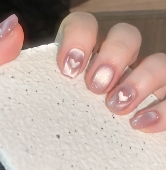 【Heart beat】hand made;  Press-on nails;Cute；Short; Cat eyes