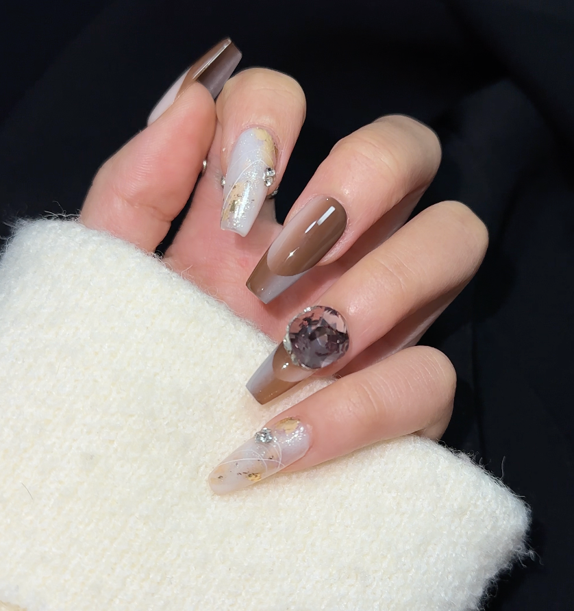 【Irish coffee】hand made;  Press-on nails;Galaxy；French; Diamond