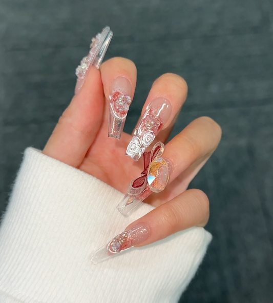 【 Coco Rose】hand made;  Press-on nails;French； Diamond ； Painted