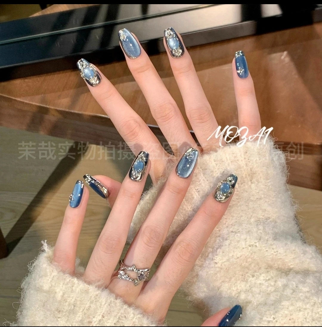 【Azure Island】Heavy Sparkling, Hand made; Press-on nails;